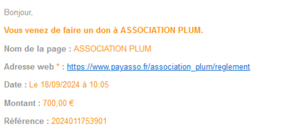 Preuve de réglement du versement de 700€ à l'association Plum